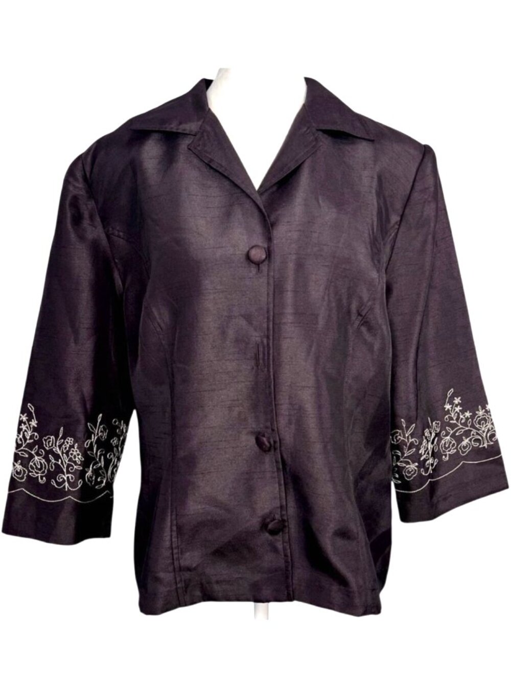 Karin Stevens Jacket Brown Floral Embroidered Woven Button Up Size 8